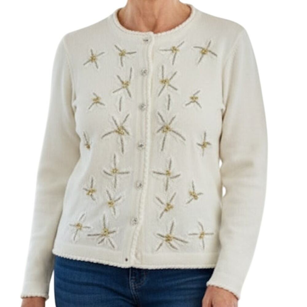 BP Design Vintage Ramie Knit Holly Berry White Sweater Cardigan Womens XLarge